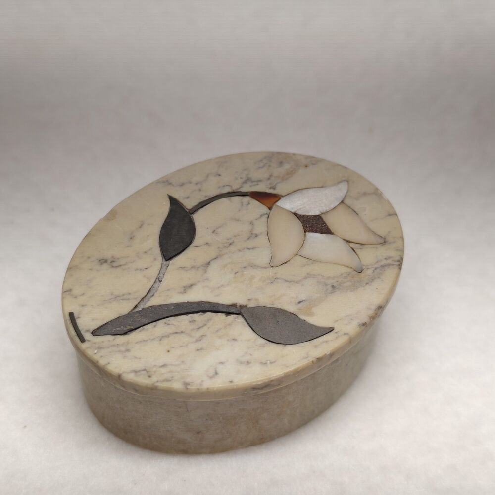 Vintage Soapstone Trinket Box Mother of Pearl Floral Inlay Oval Jewelry Case Box